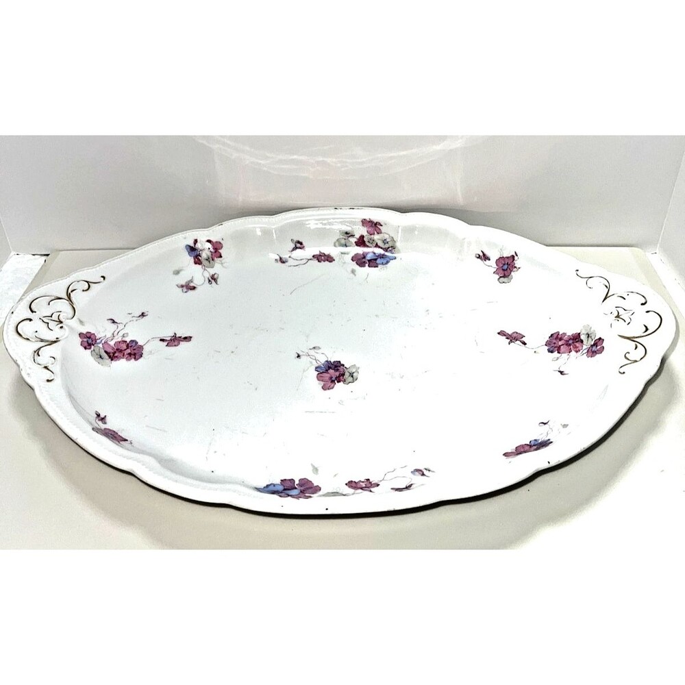 Bassett Limoges Austria 17" Hand Painted Porcelain Oval Platter Pink Floral-READ